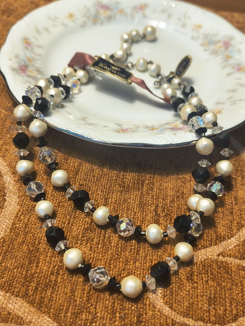  Vtg 60s MCM LAGUNA Two Strand Faux Pearl & AB Crystal Beaded Necklace With Tag